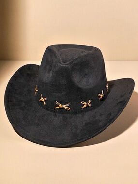 Hana Leopard Pattern X Stitching Faux Suede Cowboy Hat, Black